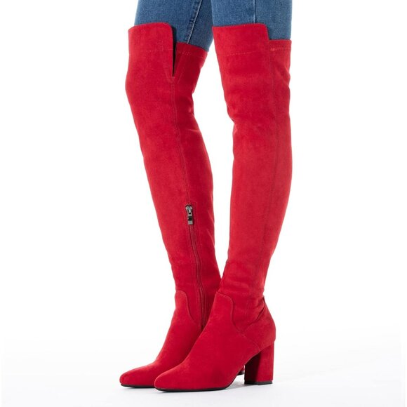 Women Red/3 Inch Heel Faux Suede Over The Knee Thigh High Low Block Heel Boot - Picture 3 of 5